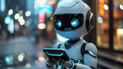 Fototapeta premium Cute robot assistant holding digital tablet.