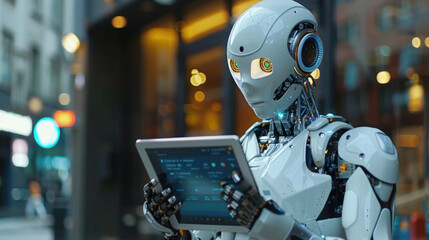 Fototapeta premium Cute robot assistant holding digital tablet.