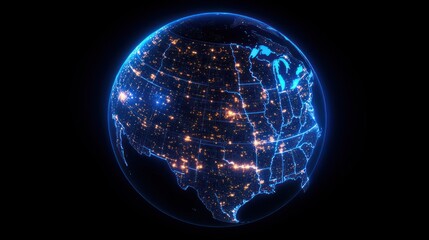 Obraz premium Digital map of the Earth with global network connections and data transfer, showing world connectivity through internet technology on a blue background.
