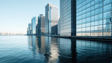 Modern cityscape reflected in calm water.