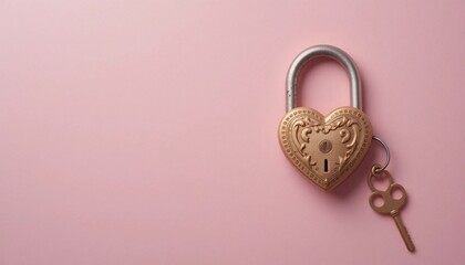 Gold Heart Shaped Padlock with Key on Pink Background Romantic Love Concept © CooLKenG