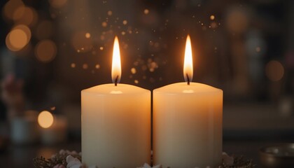 Two Lit Candles Glowing Brightly Romantic Festive Atmosphere Warm Light Peaceful Scene © CooLKenG