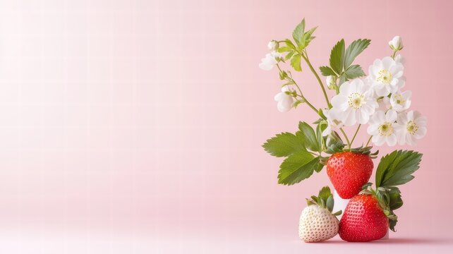 A bouquet of fresh strawberries and delicate white flowers against a soft pink background, creating a vibrant and cheerful composition.