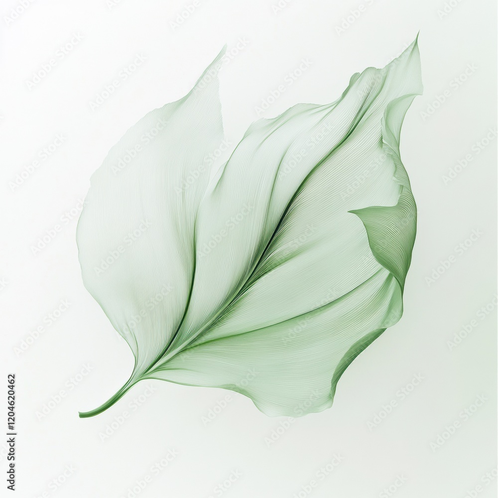 Poster Delicate green leaf showcasing intricate texture and structure against a soft white background. Generative AI