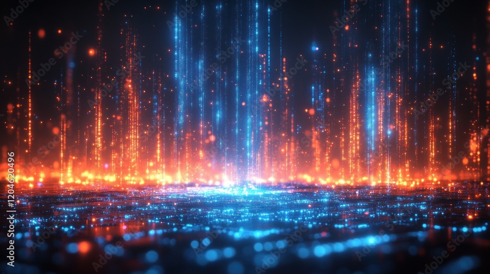 Poster futuristic digital landscape with glowing light beams and detailed grid patterns for machine learnin