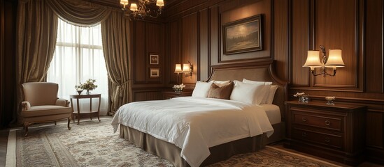 Luxurious Master Bedroom Suite: Opulent Wooden Walls, Plush Bedding, and Serene Ambiance