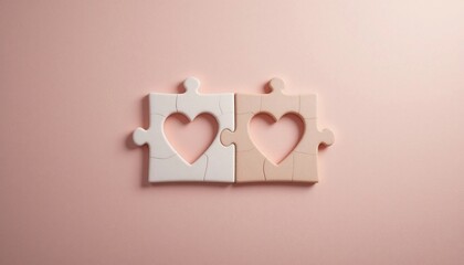 Two Interlocking Heart Shaped Puzzle Pieces on Pink Background Love Concept © CooLKenG