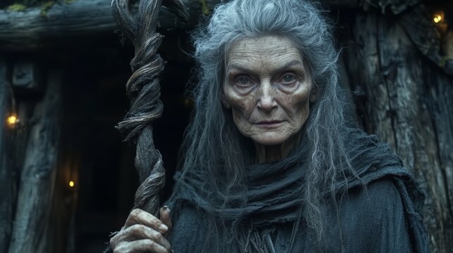 Biblical visual representation of the Witch of Endor, a mysterious old woman. Witch of Endor hiding from King Saul in a hut with an otherworldly atmosphere.