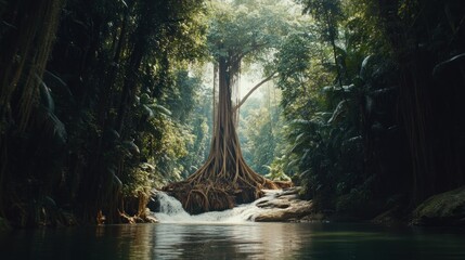 Majestic tree with exposed roots over tranquil waterfall in lush jungle.