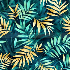 Seamless tropical leaves watercolor pattern in green, teal, and gold for a vibrant summer vacation feel.