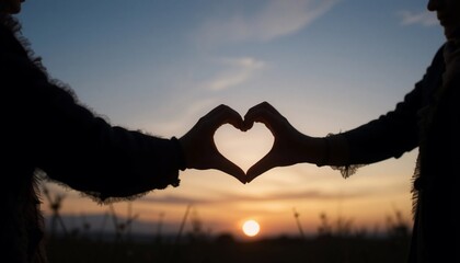 Silhouette of Two People Forming a Heart Shape at Sunset Romantic Couple Love Affection © CooLKenG