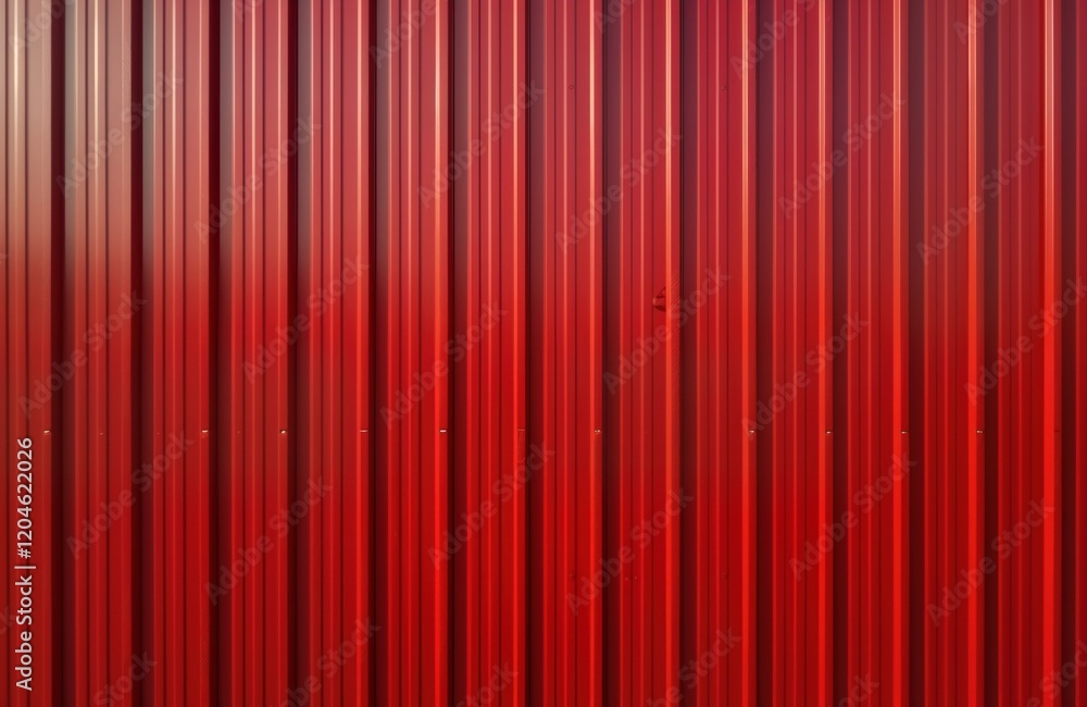 Poster Red metal wall shows seamless striped texture. Industrial design features strong vertical lines. Clean surface with slight variations in shade. Possible background for product design abstract art.