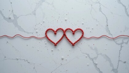 Romantic Intertwined Red Rope Hearts on Marble Background Valentine s Day Love Concept © CooLKenG