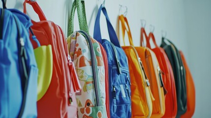 Colorful backpacks hanging on hooks, ready for school.