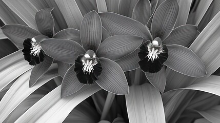 Monochrome close-up of three orchids with prominent dark centers, nestled amongst long, slender leaves.