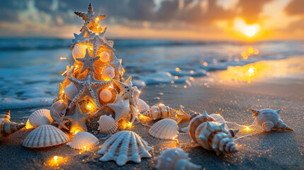 Seashell Christmas tree with garlands lights on a sandy beach at sunrise.