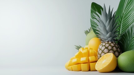 A vibrant composition of fresh tropical fruits and green leaves on a light background.
