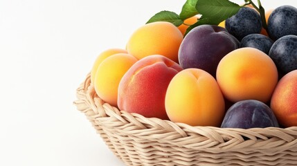 A vibrant basket filled with fresh peaches, apricots, and plums, showcasing summer's bounty.