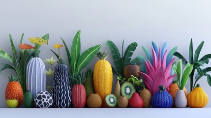 A vibrant display of colorful decorative fruits and plants in various shapes and sizes.