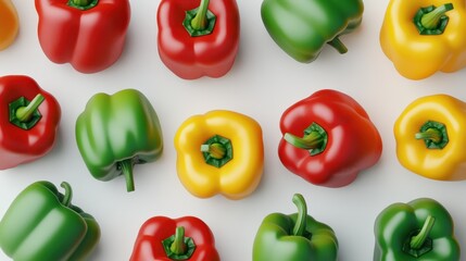 Colorful assortment of fresh bell peppers on a clean white surface.
