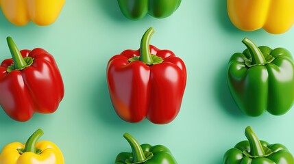 Colorful bell peppers arranged on a vibrant surface for a fresh aesthetic appeal.