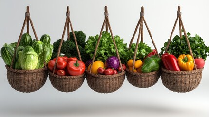 Colorful vegetables and greens arranged in hanging baskets for healthy cooking.