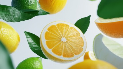 Fresh lemons and limes, vibrant slices and leaves on a bright background.