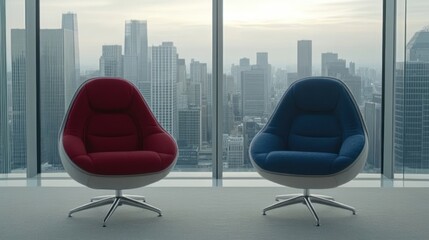 Two modern chairs face a cityscape view through large windows in a minimalist office.