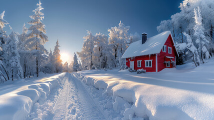 Obraz premium Snowy winter landscape with cozy cabin and frosted trees under clear blue sky.