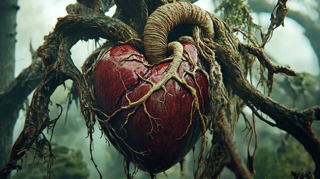 Heart entwined in twisted roots of an ancient tree in a mystical forest setting