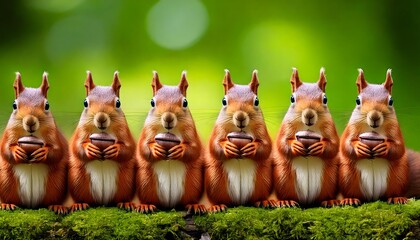 Fototapeta premium Group of Cute Squirrels Holding Acorns on a Mossy Log with Green Background