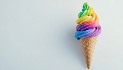 Rainbow ice cream in a cone, isolated on a white background with copy space.
