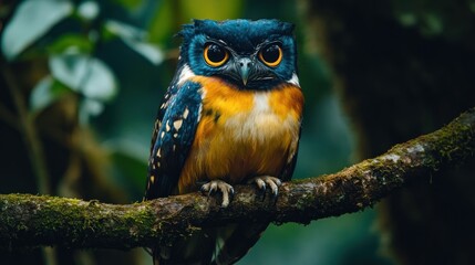 Spectacled owl perched on mossy branch in lush forest.