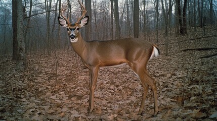 White-tailed deer buck standing in autumn woods.