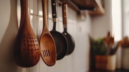 Wooden spoons and metal pan hanging in kitchen.