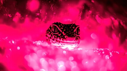 Close-up of a gecko's head with pink bokeh background.