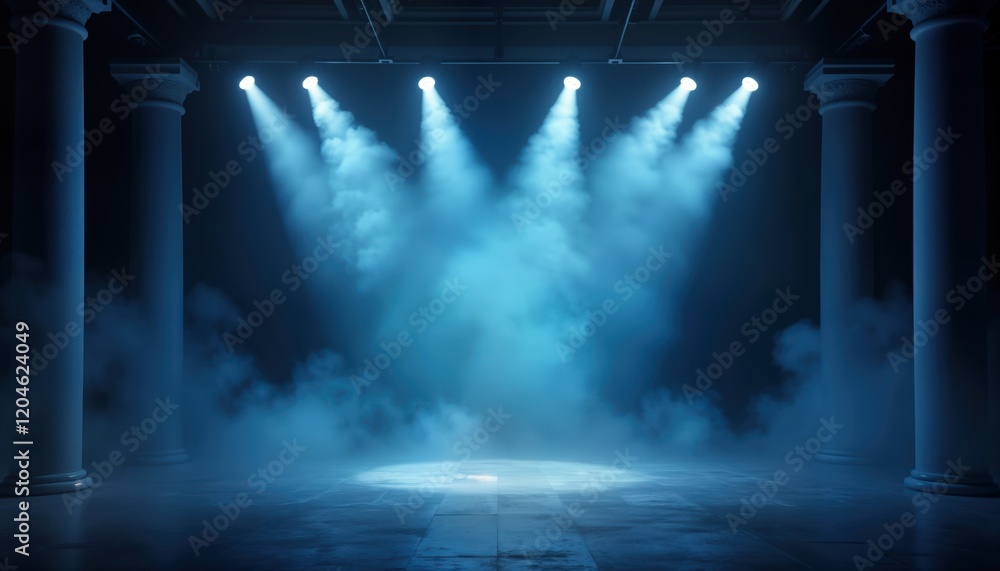 Poster empty stage bathed in blue spotlights, illuminated by fog. classical columns frame scene. nighttime 