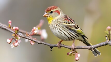 Fototapeta premium A colorful bird perched on a blossoming branch.