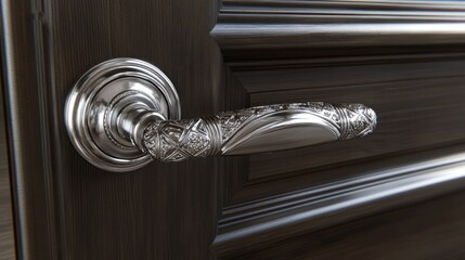 Close-up of an ornate silver door handle on a dark wood door.