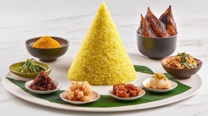 Turmeric rice cone with various Indonesian side dishes on a platter.