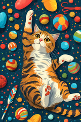 playful cat surrounded by colorful toys and balls, showcasing its lively spirit and curiosity