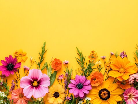 Vibrant Floral Border on Yellow Background, Summer Flower Arrangement