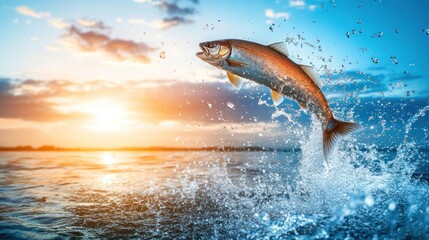 Salmon leaping from water at sunset.