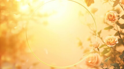 Golden circle frame with roses in garden, soft sunlight