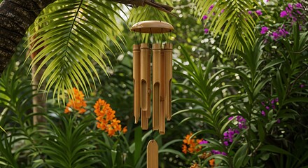 Tropical garden wind chime.  Bamboo wind chimes among lush plants, leaves, and flowers.