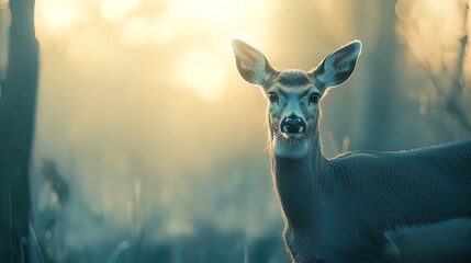 A young deer stands in a sunlit forest, looking directly at the camera.