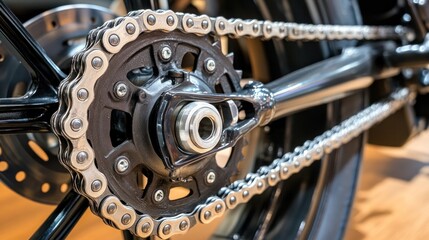 Obraz premium Close-up of Motorcycle Chain and Sprocket: Mechanical Precision