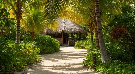 Obraz premium Serene tropical pathway leading to a thatched hut, concept for travel brochure, vacation promotion and outdoor escape