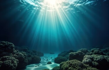 Fototapeta premium Submerged ocean floor scene shows sunlight beams penetrating turquoise water. Calm water covers rocks, coral reefs. Abstract underwater background perfect for eco tourism ads. Stunning underwater