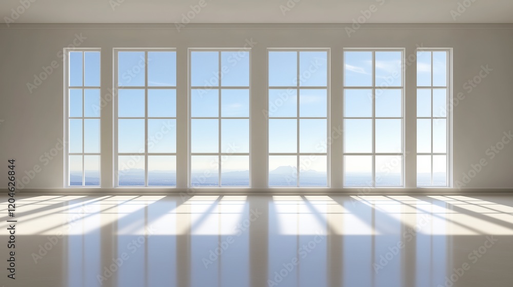Poster a large room with a view of the mountains. the windows are open and the room is very bright. ai gene